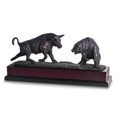 Charging Bull and Bear Sculpture with Bronze Metal Finish Burlwood Base GM21537, MPN: GM21537, 7971…