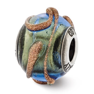 Blue &amp; Green with Textured Lines Glass Bea - Sterling Silver QRS2591, MPN: QRS2591, 883957543802