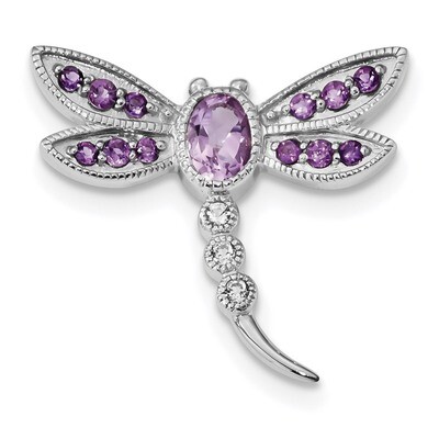 Pk. Quartz AM White Topaz Dragonfly Pin/Chain Slide Sterling Silver Rhodium QP5001, MPN: QP5001, 88…