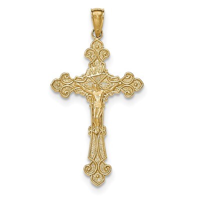Textured INRI Crucifix Fleur de Lis Pendant 14k Gold Polished K5571, MPN: K5571, 637218163724