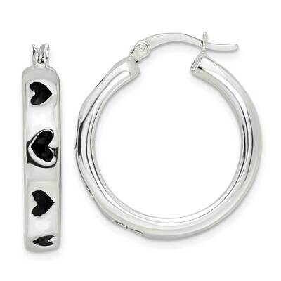 Black Enameled Hearts Circle Hoop Earrings Sterling Silver Polished QE16463, MPN: QE16463, 19690416…