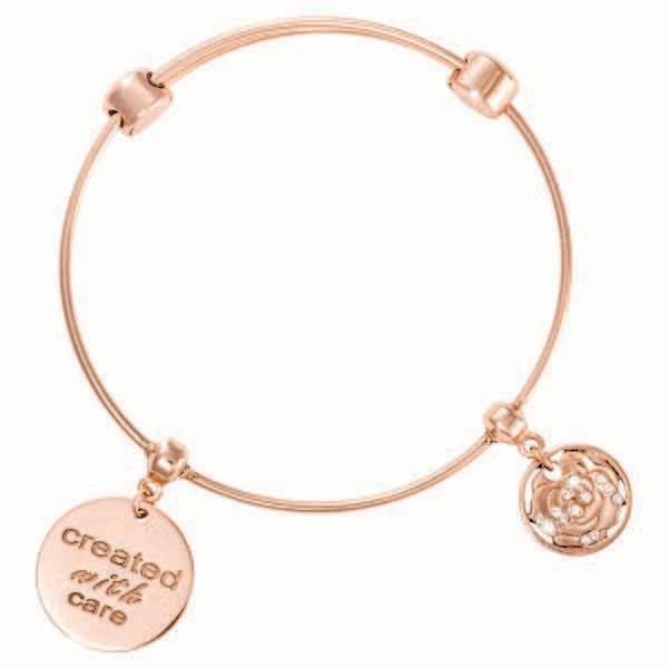 Nikki Lissoni Charm Bangle with Two Fixed Charms Created with Care Sparkling Hortensia Rose Gold-Pl…