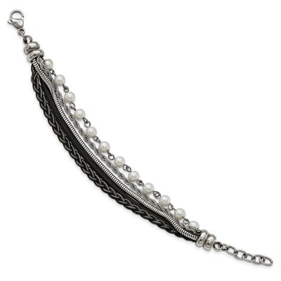 Sim. Pearls Faux Leather with 1 Inch Extender Bracelet Stainless Steel Polished SRB2114-7 by Chisel…
