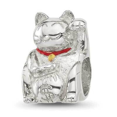 Red Enameled Lucky Cat Bead Sterling Silver QRS4351, MPN: QRS4351,