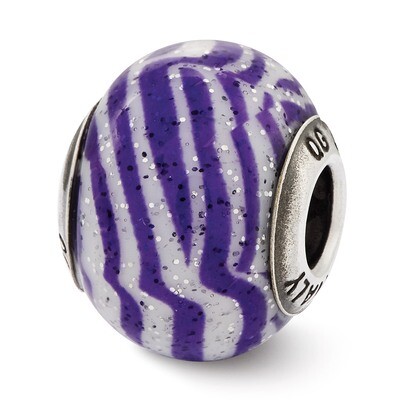 Purple &amp; White Stripes Glass Bead - Sterling Silver QRS2523, MPN: QRS2523, 883957543765