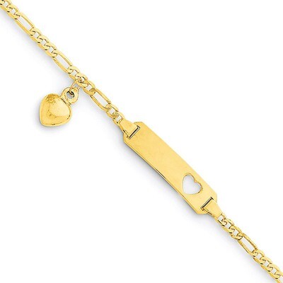 Figaro Link with Dangling Heart Baby Child ID Bracelet 14k Gold Engravable BID54-6, MPN: BID54-6, 8…