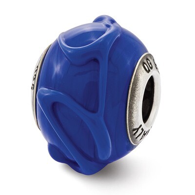 Dark Blue with Textured Lines Glass Bead - Sterling Silver QRS2582, MPN: QRS2582, 883957579450