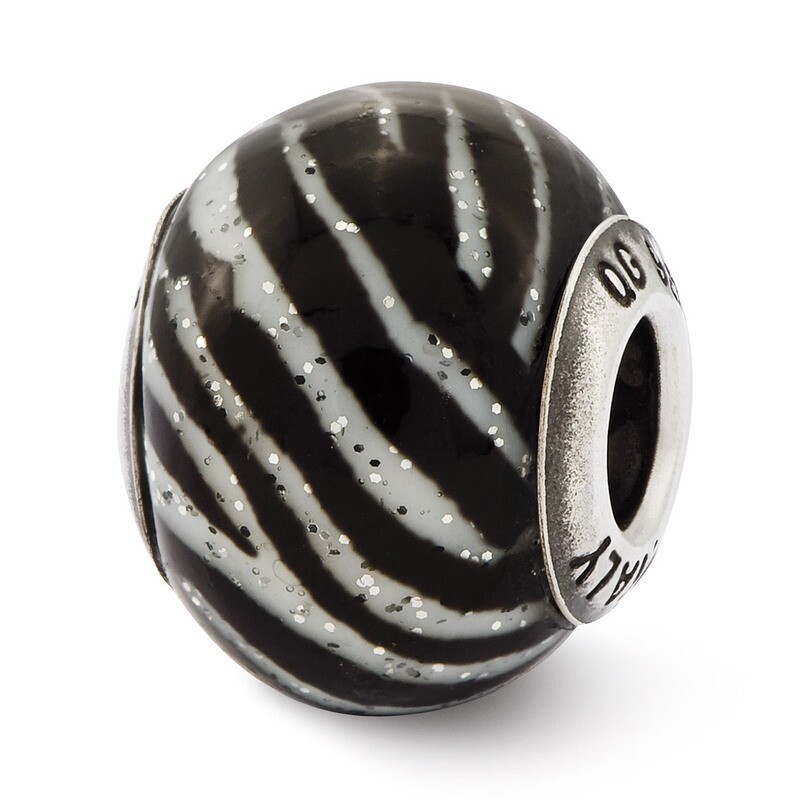 Black &amp; White Stripes Glass Bead - Sterling Silver QRS2522, MPN: QRS2522, 883957534091