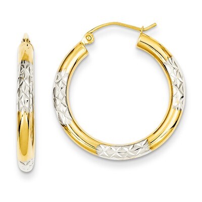 Diamond-cut 3x25mm Hoop Earrings 14K Gold &amp; Rhodium TC831, MPN: TC831, 886774562315
