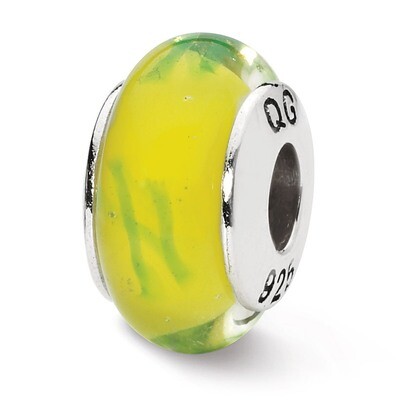 Yellow with Green Scribbles Hand-blown Glass Bead - Sterling Silver QRS1309, MPN: QRS1309, 88395730…