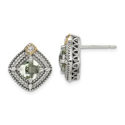Green Quartz &amp; Diamond Post Earrings Sterling Silver with 14k Gold Accent QTC1661, MPN: QTC1661, 88…