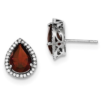 Garnet &amp; CZ Diamond Post Earrings Sterling Silver Rhodium Polished QE12637JAN, MPN: QE12637JAN,