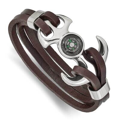 Functional Compass Brown Leather 8.5 Inch Bracelet Stainless Steel Polished SRB2480-8.5, MPN: SRB24…