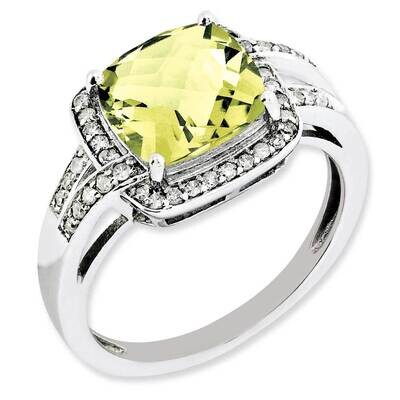 Diamond &amp; Checker-Cut Lemon Quartz Ring Sterling Silver Rhodium-plated QR3037LQ-9, MPN: QR3037LQ, 8…
