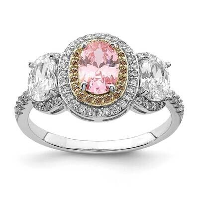 Pink, White, &amp; Yellow CZ Diamond Oval Cut Ring Sterling Silver Rhodium-plated QR7047, MPN: QR7047,