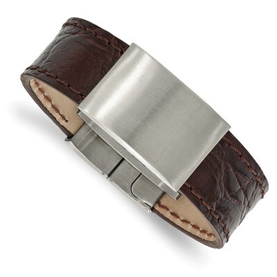 Dark Brown Leather ID Bracelet Stainless Steel Brushed SRB1993-8.5 by Chisel, MPN: SRB1993-8.5, 191…