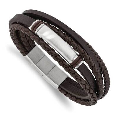 Brown Pu Leather &amp; Rubber with .5 Inch Extender 8 Inch Bracelet Stainless Steel Brushed SRB2718-8, …