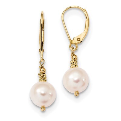 8-9mm Near Round White Fresh WaterC Pearl Leverback Earrings 14k Gold XF654E, MPN: XF654E, 19110143…