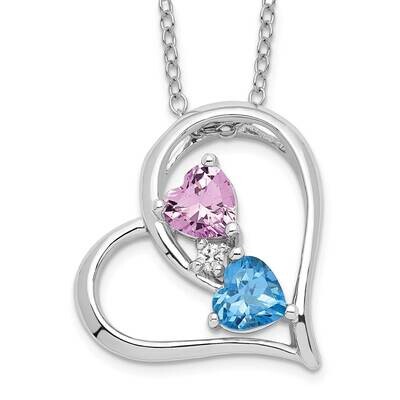 Sterling Silver Cr Pink Sapphire Blue Topaz and Diamond Heart Necklace PXS2818/CRPKBT-SSBAB