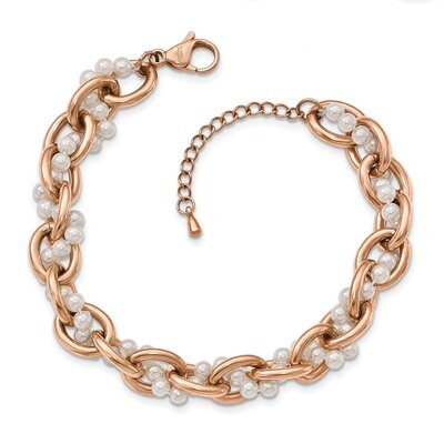 Rose IP-Plated &amp; Faux Pearl with 1.5 Inch Extender Bracelet Stainless Steel Polished SRB2133-8 by C…