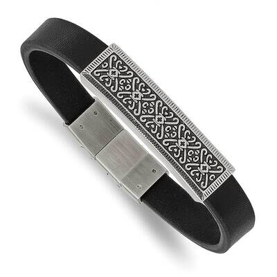 Polished Black Leather with .5 Inch Extender 8 Inch Bracelet Stainless Steel Antiqued SRB3019-8, MP…