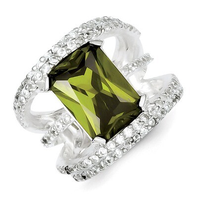 Sterling Silver Green &amp; Clear Diamond Ring QR2233-6