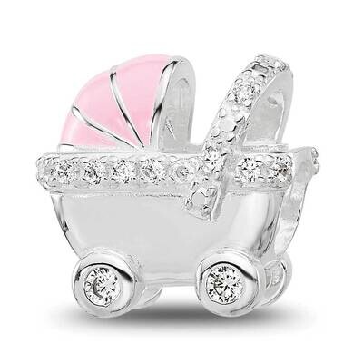 Pink Enamel &amp; CZ Stroller Bead Sterling Silver Rhodium-plated QRS4436, MPN: QRS4436,