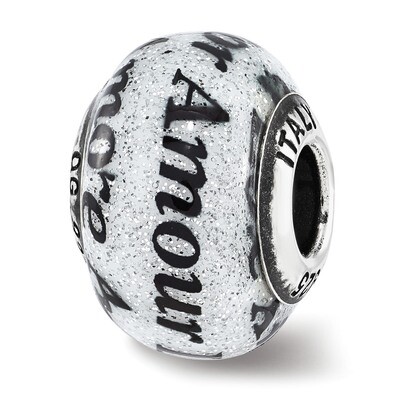 Love Amour Black &amp; White Glitter Italian Glass Sterling Silver QRS3721, MPN: QRS3721,