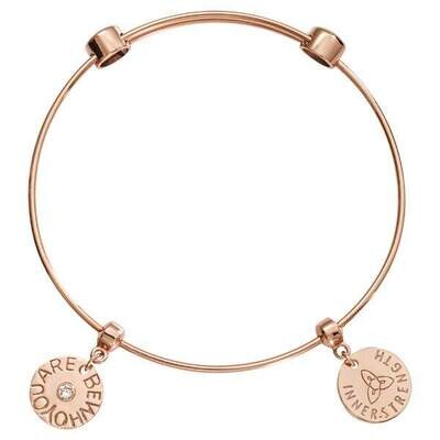 Nikki Lissoni Charm Bangle Rose Gold-Plated with Two Fixed Charms Inner Strength Be Who You Are 17c…