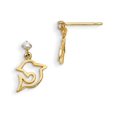 CZ Children&#39;s Dolphin Dangle Post Earrings 14k Gold GK828