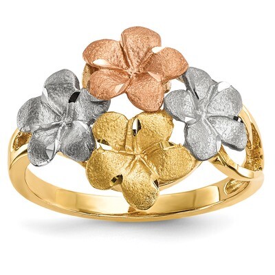 White Rhodium Polished &amp; Satin Diamond -cut 4-Plumeria Ring 14k Two-Tone Gold R637, MPN: R637, 1911…