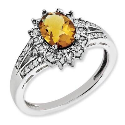 Diamond &amp; Oval Checker-Cut Whiskey Quartz Ring Sterling Silver Rhodium-plated QR3046WQ-7, MPN: QR30…