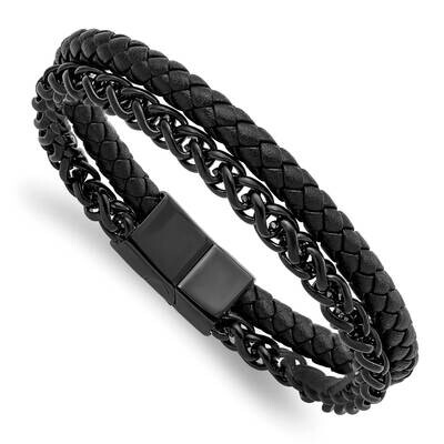 Black Ip-Plated Chain Black Leather 8.5 Inch Bracelet Stainless Steel Polished SRB2992-8.5, MPN: SR…