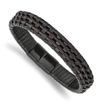 Black Ip Black and Brown Leather 8.25 Inch Bracelet Stainless Steel Polished SRB2438-8.25, MPN: SRB…
