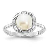 CZ Diamond 7-8mm Button White Cultured Freshwater Pearl Ring Sterling Silver Rhodium-plated QR7320-…