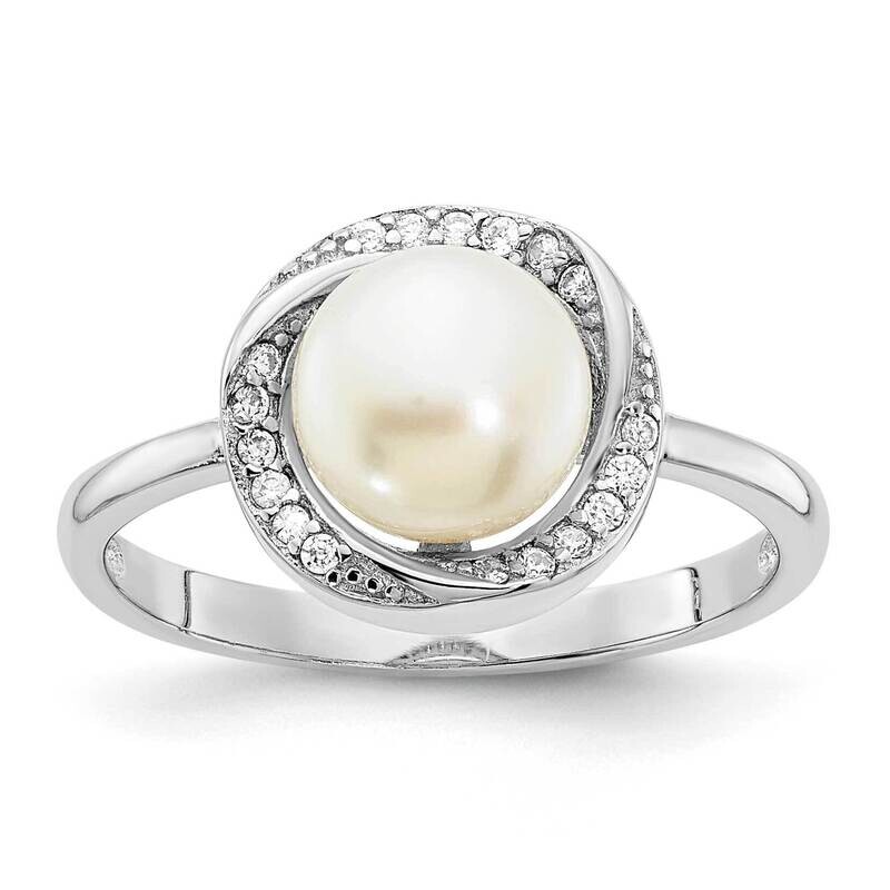 CZ Diamond 7-8mm Button White Cultured Freshwater Pearl Ring Sterling Silver Rhodium-plated QR7320-6