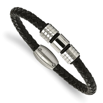 Brushed Leather Bracelet Stainless Steel Polished SRB1992-8.5 by Chisel, MPN: SRB1992-8.5, 19110115…