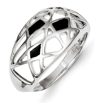 Sterling Silver Rhodium Plated Black Enamel Ring QR4306-8