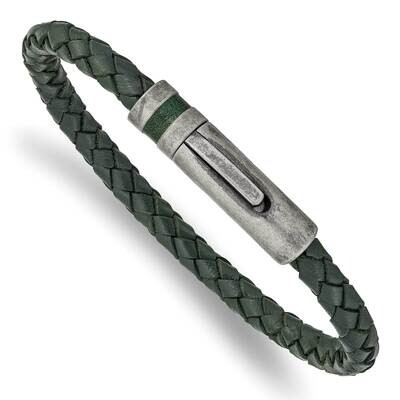 Green Leather 8.25 Inch Bracelet Stainless Steel Antiqued SRB2421-8.25, MPN: SRB2421-8.25, 19110185…