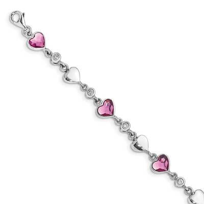 Clear &amp; Pink Crystal Hearts with 1 inch Extender Bracelet Sterling Silver Rhodium-plated QG4913-6.5…