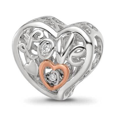 and Rose Gold-plated CZ Love Heart Shaped Bead Sterling Silver Rhodium-plated QRS4176, MPN: QRS4176,