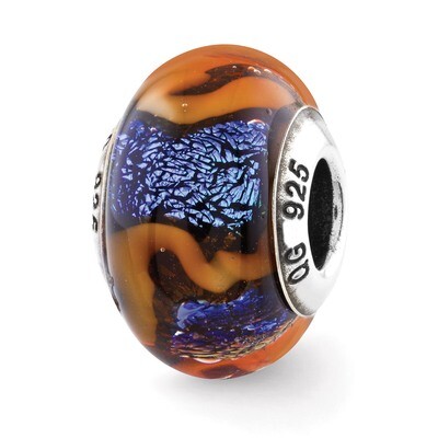 Blue with Orange Swirls Glass Bead - Sterling Silver QRS2873, MPN: QRS2873, 883957531069