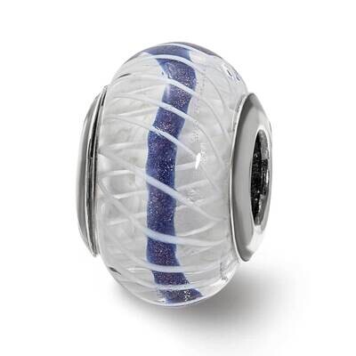 White Weaved with Blue Stripe Glass Bead Sterling Silver QRS4034, MPN: QRS4034,