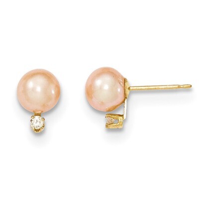 6-7mm Round Pink Fresh Water Cultured Pearl Diamond Post Earrings 14k Gold XF512E, MPN: XF512E, 191…
