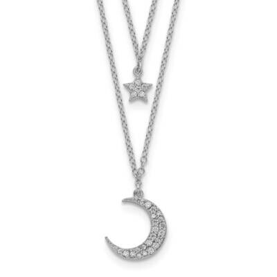 CZ Diamond Star and Moon 2 Inch Extender 2-Strand Necklace Sterling Silver Rhodium-plated QG5136-16…