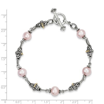 9-10mm Cultured Pink Pearl 7.5 Inch Bracelet Sterling Silver &amp; 14k Gold QTC166, MPN: QTC166, 742323…