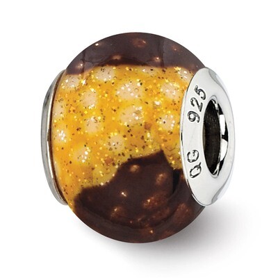 Brown Yellow Glitter Overlay Glass Bead - Sterling Silver QRS2276, MPN: QRS2276, 883957513676
