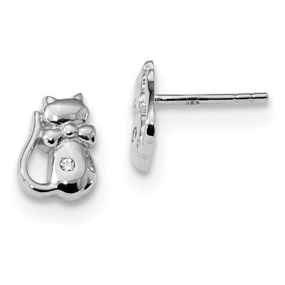 CZ Diamond Cat Post Earrings Sterling Silver Rhodium-plated QE13357, MPN: QE13357, 191101233487