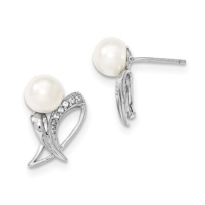 CZ 7-8mm FW Cultured Button Pearl Post Earrings Sterling Silver QE12811