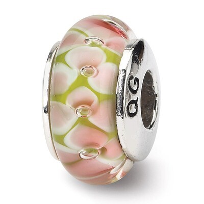 Pink Floral Hand-blown Glass Bead - Sterling Silver QRS627, MPN: QRS627, 883957725376